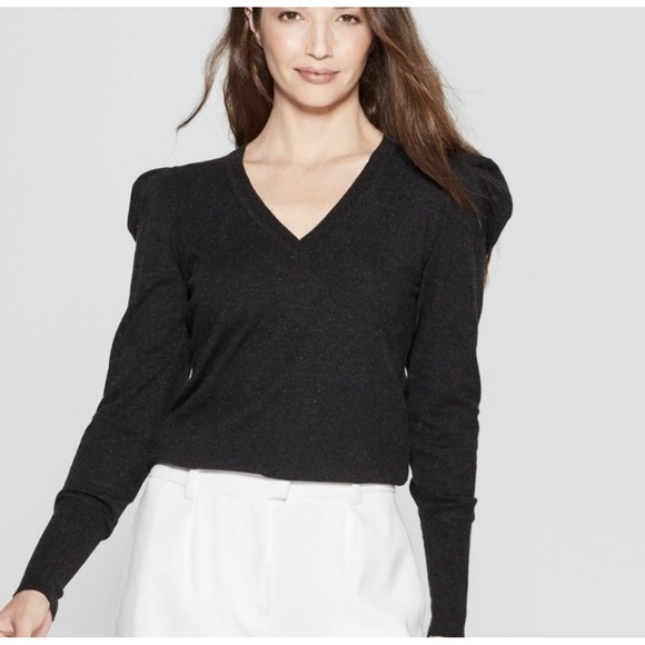 Prologue Puff Sleeve V-Neck Shimmer Sweater Size XL Black NWT - Picture 1 of 12